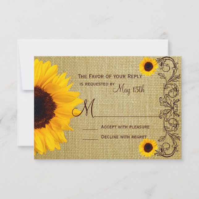 Rustikales Land Sonnenblumen Burlap Hochzeitskarte RSVP Karte (Vorderseite)