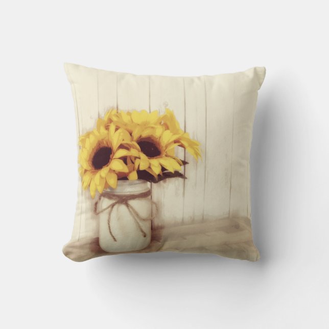 Rustikales Land Sonnenblumen Mason Jar Throw Kisse Kissen (Vorderseite)