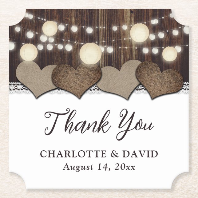 Rustikales Land Stall Holz Burlap Lace Lantern Untersetzer (Vorderseite)