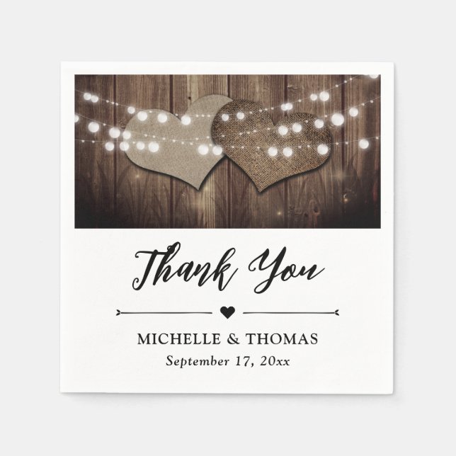 Rustikales Land Stall Holz Burlap String Lights Serviette (Vorderseite)