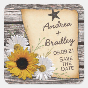 Rustikales Land Sunfloe Daisy Hochzeit Rett Datum Quadratischer Aufkleber