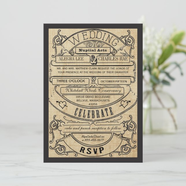 Rustikales Land Typografy Ticket Hochzeit Einladun Einladung (Stehend Vorderseite)