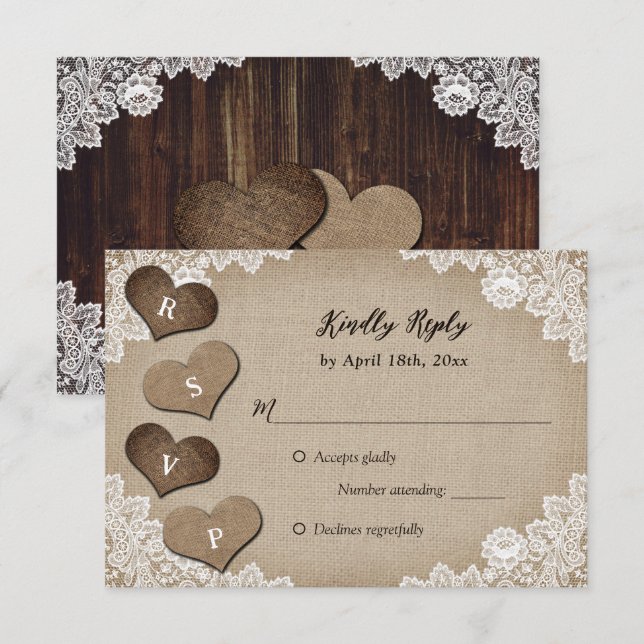 Rustikales Land Wood Burlap Lace Wedding RSVP (Vorne/Hinten)