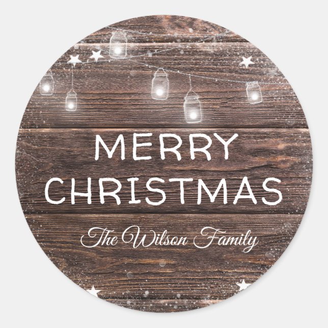 Rustikales Land Wood Holiday String Lights Runder Aufkleber (Vorderseite)