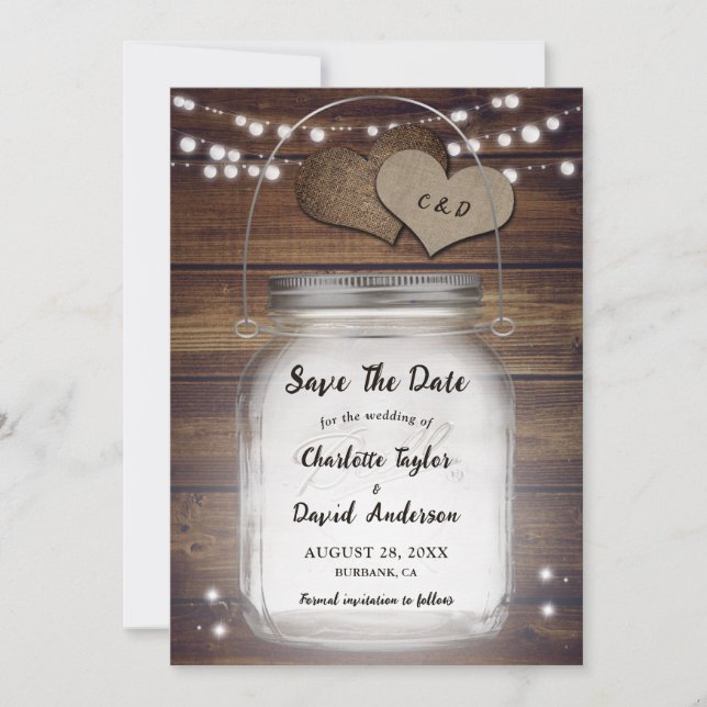 Rustikales Land Wood Lights Mason Jar Wedding Save The Date (Vorderseite)