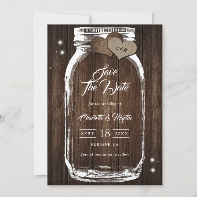 Rustikales Land Wood Mason Jar Wedding Save The Date (Vorderseite)