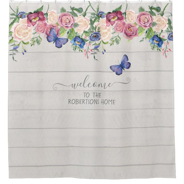 Rustikales Landhaus Dekor Blumenholz Familie Duschvorhang (Vorderseite)