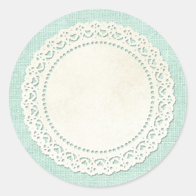Rustikales Landhaus Doily auf Aqua Blue Burlap Runder Aufkleber (Vorderseite)