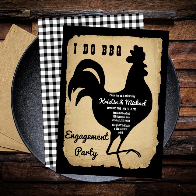 Rustikales Landhühnchen I TUN GRILLEN Engagement P Einladung (Rustic Country Rooster Chicken BBQ Engagement Party Invitation)