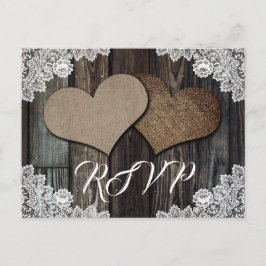 Rustikales Landwald Lace Burlap Heart Wedding RSVP Einladungspostkarte