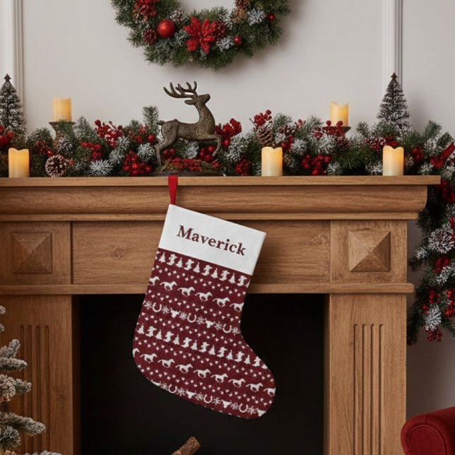 Rustikales Landweihnachten Pferdemuster Rot Großer Weihnachtsstrumpf (Von Creator hochgeladen)