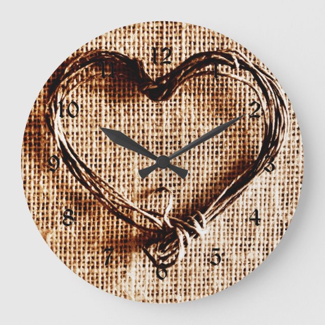 Rustikales Landweinherz auf Burlap Print Große Wanduhr (Vorderseite)