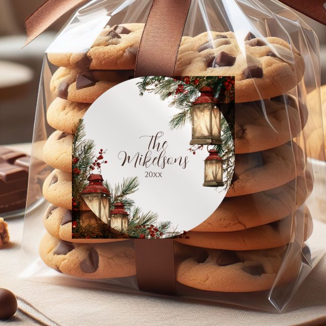 Rustikales Lantern Weihnachts-Party Runder Aufkleber (Von Creator hochgeladen)