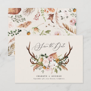 Rustikales Laubwerk, Blumen- und Hirschhochzeit Save The Date