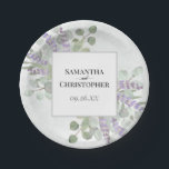 Rustikales Lavendel & Eucalyptus Elegant Boho Hoch Pappteller<br><div class="desc">Diese eleganten boho schicken Papiere Teller fügen Ihrem Empfang, Ihrem Probe-Dinner oder anderen Hochzeitsfeiern eine besondere Touch hinzu. Sie verfügen über ein handgemaltes Aquarelldesign mit Ihren Namen und dem Hochzeitstermin in einem weißen Rahmen auf einem staubblauen Marmorboden, umgeben von einer Fülle von Lavendel-Blume, Eukalyptus-Blätter und Blattwerk. Rustikal und schön sind...</div>