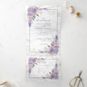 Rustikales Lavender Lilac Gold Floral Foto Hochzei Dreifach Gefaltete Einladung