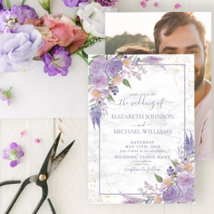 Rustikales Lavender Lilac Gold Floral Foto Hochzei Einladung