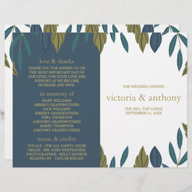 Rustikales Leaf Floral Wedding Bi-Fold Programm (Vorne/Hinten)