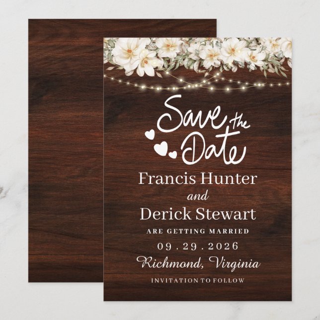 Rustikales Leaf String lights Holz Save the Date Einladung (Vorne/Hinten)