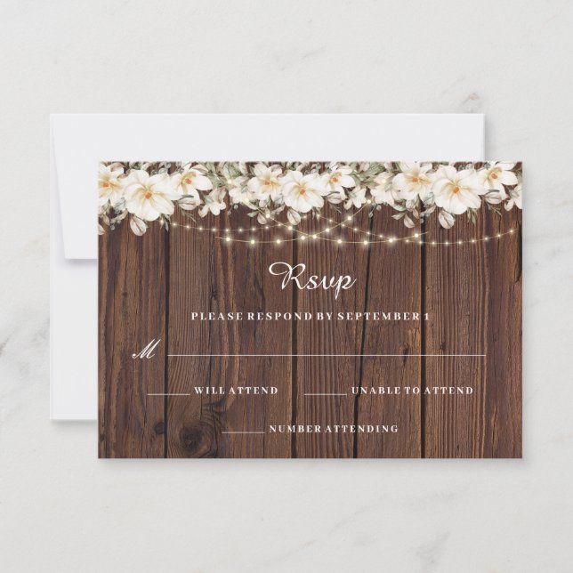 Rustikales Leaf String lights Wood Wedding RSVP (Vorderseite)