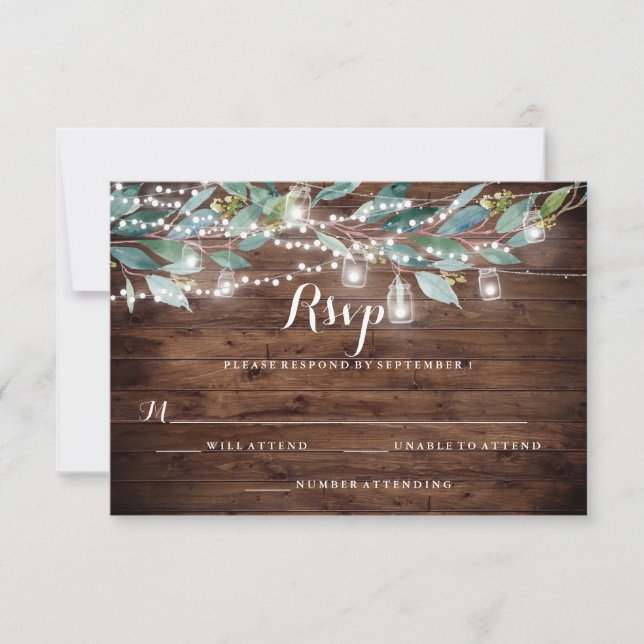 Rustikales Leaf String lights Wood Wedding RSVP (Vorderseite)