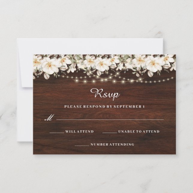Rustikales Leaf String lights Wood Wedding RSVP Karte (Vorderseite)