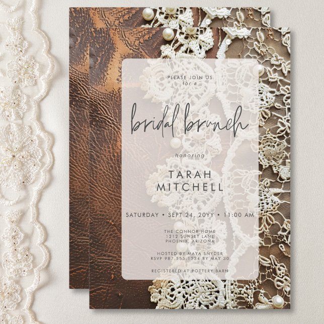 Rustikales Leder & Bridal Lace Bridal Brunch Einladung (Rustic Leather & Bridal Lace Bridal Brunch Invitation)
