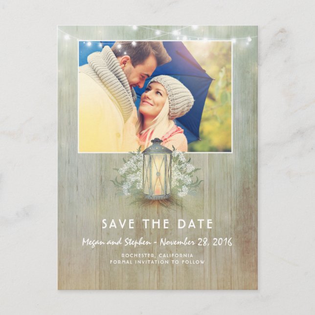 Rustikales Licht - Eisen-Laterne-Foto Save the Dat Ankündigungspostkarte (Vorderseite)