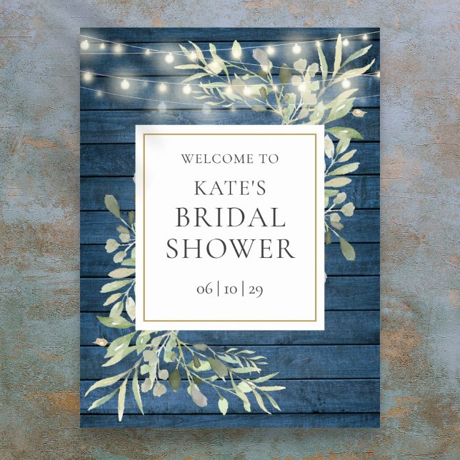 Rustikales Licht Grünes Brautparty Begrüßungszeich Poster (Rustic Lights Greenery Bridal Shower Welcome Sign)