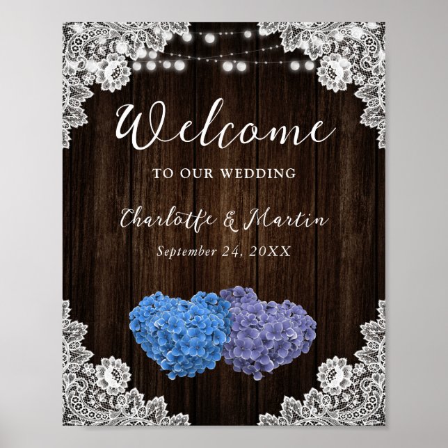 Rustikales Lila Blue Lace Hochzeitszeichen Poster (Vorne)