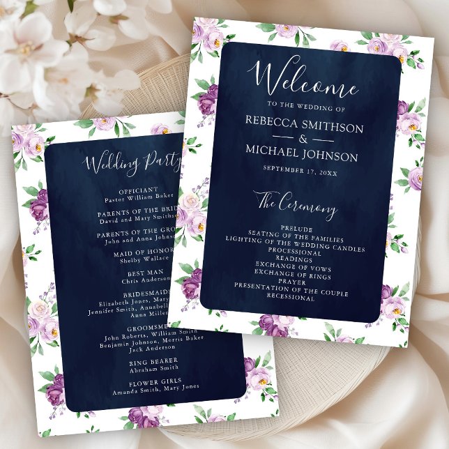 Rustikales lila Blumen-Hochzeitsprogramm in Marine (Von Creator hochgeladen)