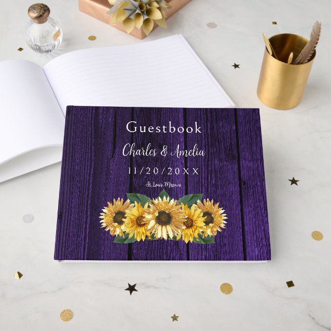 Rustikales Lila Gästebuch für Sonnenblumen (Vorderseite Offen)
