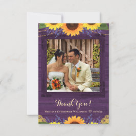 Rustikales Lila Holzleuchten Sonnenblumen Hochzeit Dankeskarte