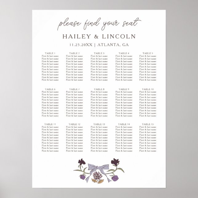 Rustikales Lilac Bow Floral Wedding Chart Poster (Vorne)