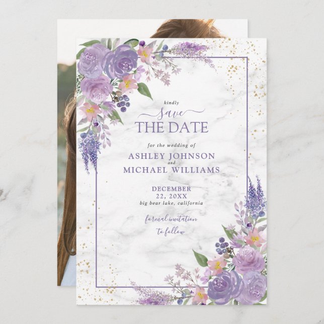 Rustikales Lilac Lavender Gold Foto Save the Date (Vorne/Hinten)