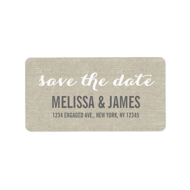 Rustikales Linen Script Save the Date Adressaufkleber (Vorne)
