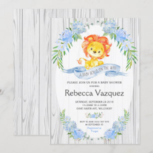 Rustikales Lion Blue Floral Baby Einladungen