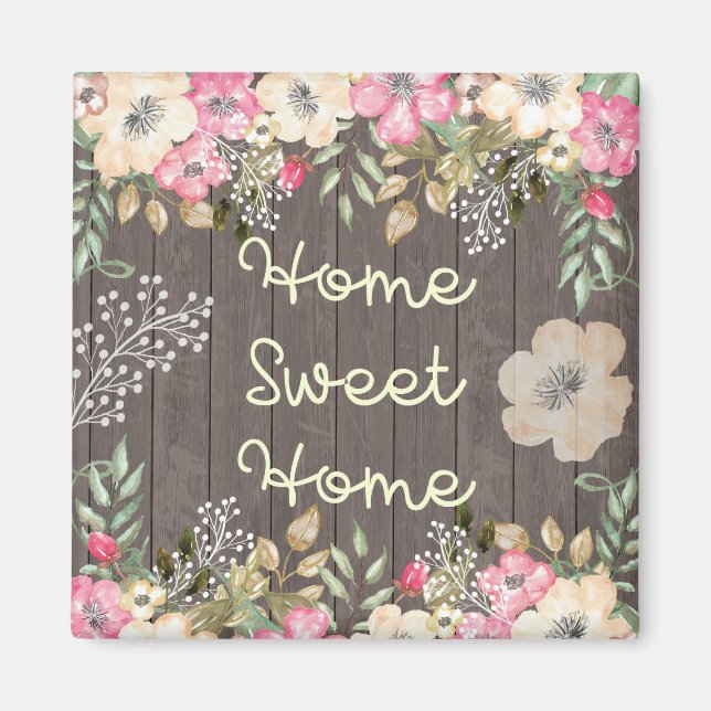 Rustikales Look Zuhause Sweet Zuhause Floral Wood Magnet (Vorne)