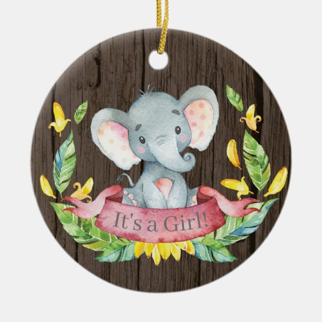 Rustikales Mädchen Elephant Babydusche Rosa Keramik Ornament (Vorne)