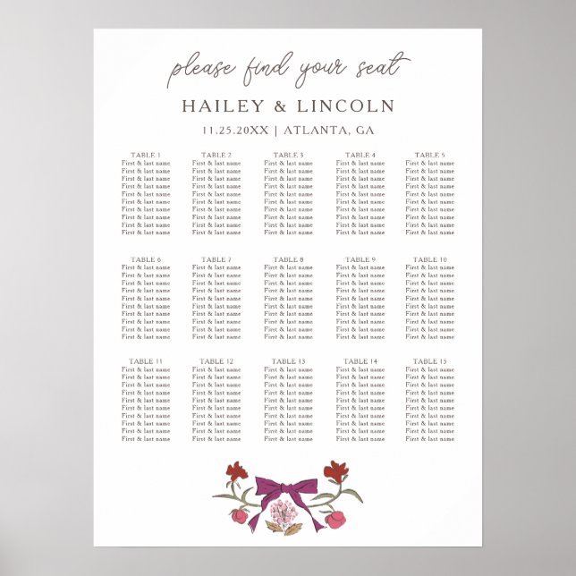 Rustikales Magenta Bow Floral Wedding Chart Poster (Vorne)