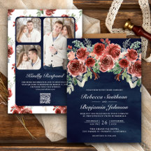 Rustikales Marsala Floral Foto QR Code Navy Hochze