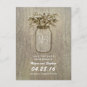rustikales Mason Glas und Babyatmen Save the Date Ankündigungspostkarte
