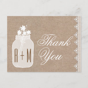 Rustikales Mason-Glas und Blumen Danke Ihnen Jute Postkarte