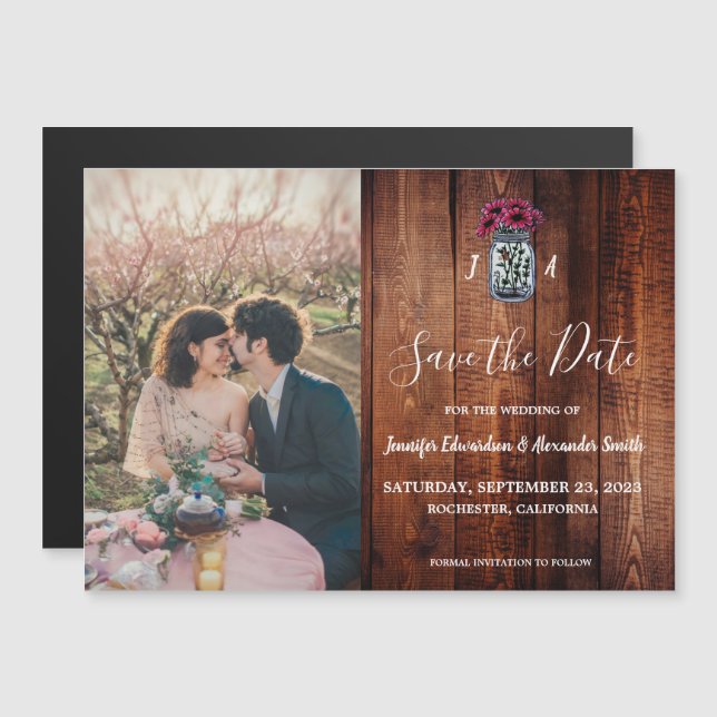 Rustikales Mason Jar Holz Monogramm Foto Save the  Magneteinladung (Vorne/Hinten)