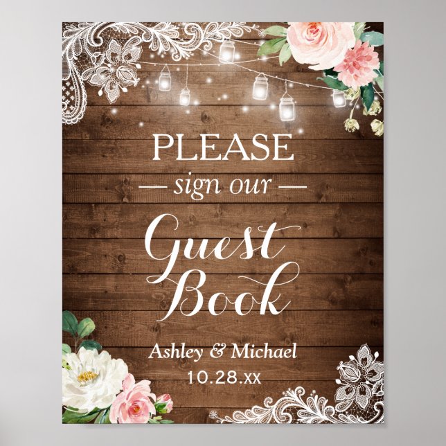 Rustikales Mason Jar Lights Floral Lace Sign Gäste Poster (Vorne)