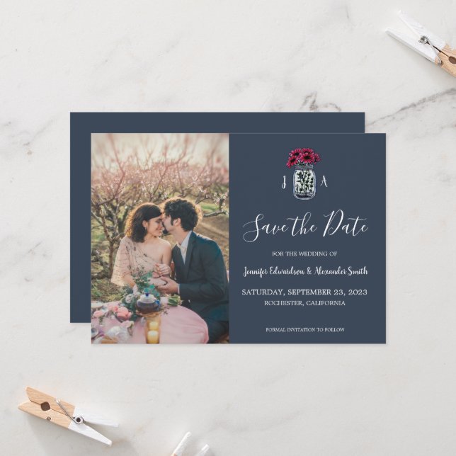 Rustikales Mason jar Monogramm Foto Save the Date Einladung (Vorderseite/Rückseite Beispiel)