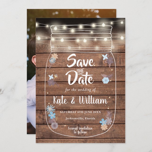 Rustikales Mason Jar String Lights Foto Save The Date (Vorne/Hinten)