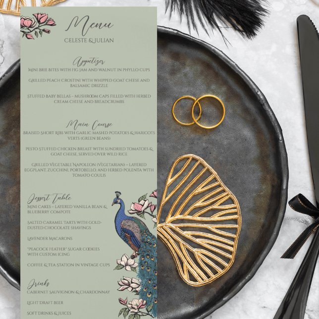 Rustikales Menü auf Blumenzwiebeln Menükarte (Rustic Sage Green Peacock Chinoiserie Wedding Menu for Wedding, Bridal Shower, Rehearsal Dinner.)