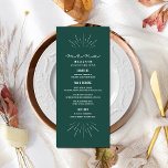 Rustikales Menü auf SmaragdLine Art Wedding Menükarte<br><div class="desc">Weiße Linien inspiriert "Menu"-Text oben mit weißem,  benutzerdefiniertem Text und smaragdfarbenem Hintergrund mit Linien-Akzenten oben und unten.</div>