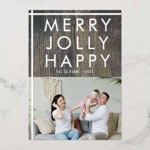 Rustikales Merry Jolly Wood Family Foto Weihnachte Folien Feiertagskarte